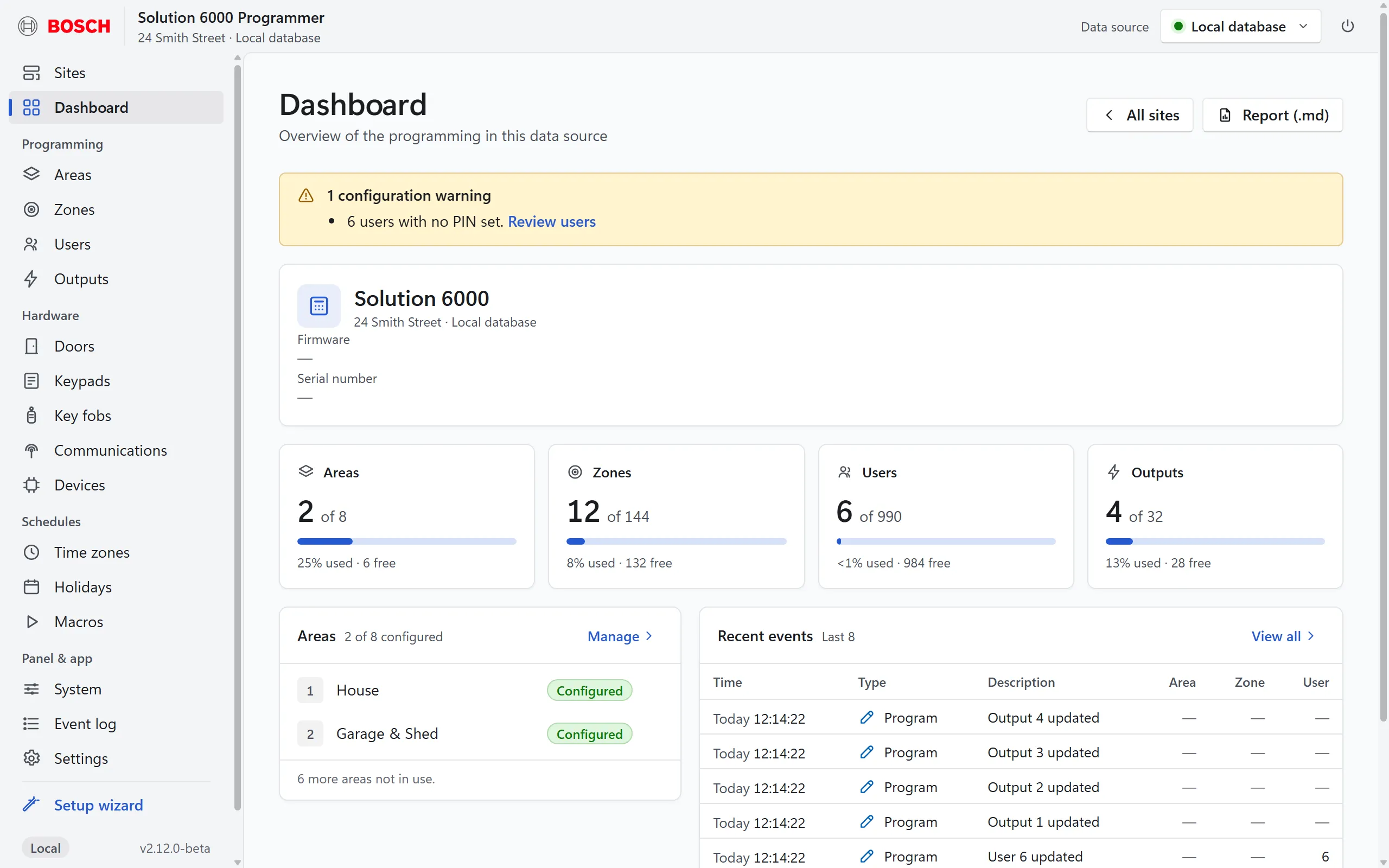 Bosch 6000 Programmer dashboard for a demo site, with the programming pages listed in the sidebar.